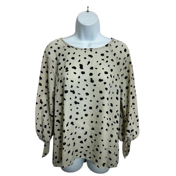 Papermoon Blouse Sz Large Beige with Black Spots Semi Sheer Top 3/4 Sleeve - Picture 3 of 8